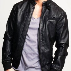 Men's Casual Snap Tab Collar Black Leather Bomber Jacket