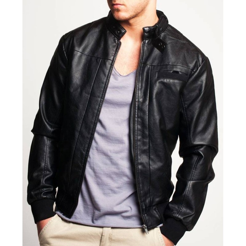 Men's Casual Snap Tab Collar Black Leather Bomber Jacket