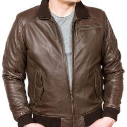 Men's Casual Brown Leather Bomber Jacket