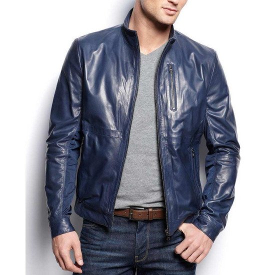 Men's Casual Wear Navy Blue Leather Jacket