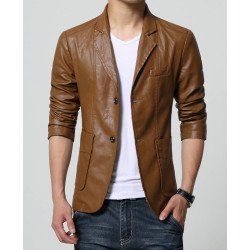 Slim Fit Casual Brown Leather Blazer for Men
