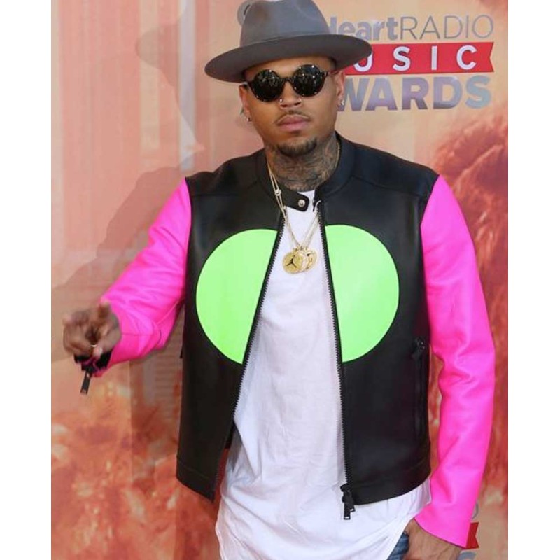 Chris Brown Leather Jacket with Pink Sleeves Chris Brown Leather Jacket with Pink Sleeves