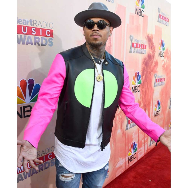 Chris Brown Leather Jacket with Pink Sleeves Chris Brown Leather Jacket with Pink Sleeves