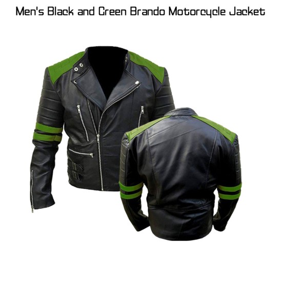 Men's Black and Green Brando Motorcycle Leather Jacket