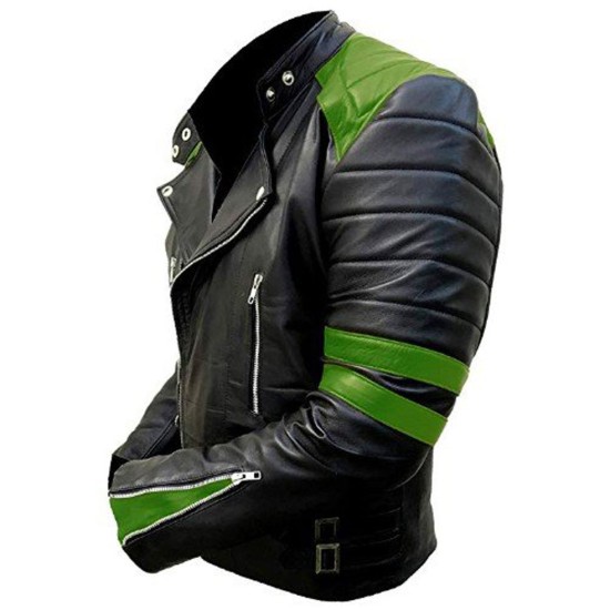 Men's Black and Green Brando Motorcycle Leather Jacket