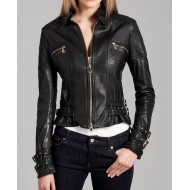 Women's Buckle Straps Design Black Leather Moto Jacket