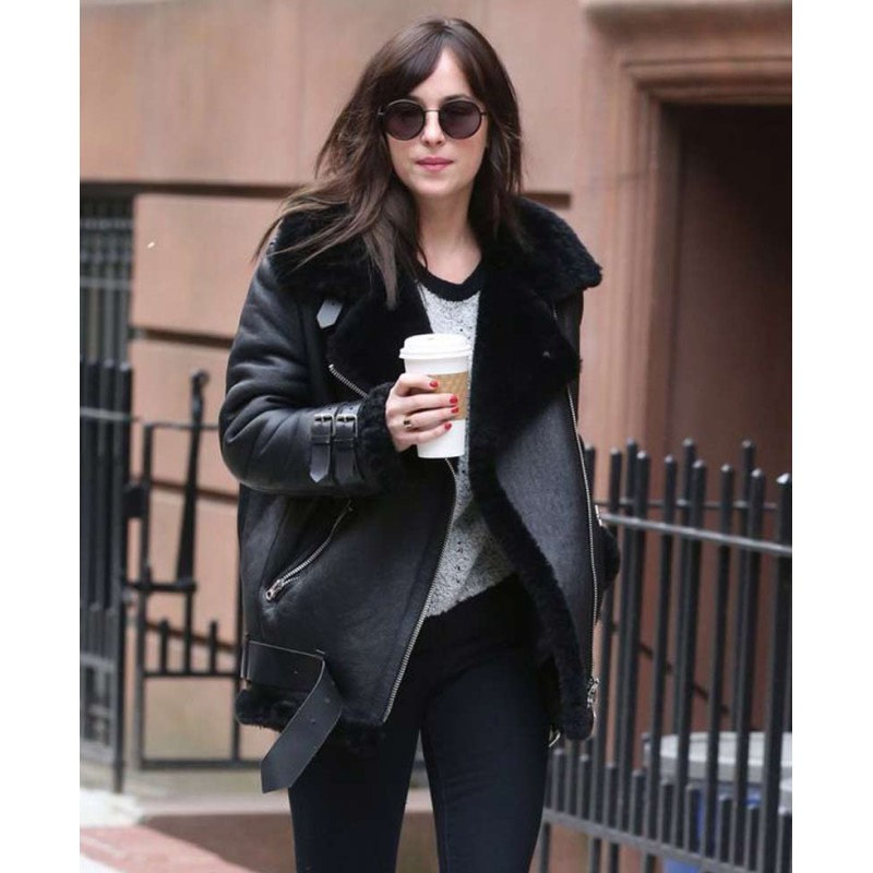 Dakota Johnson Black Leather Shearling Jacket