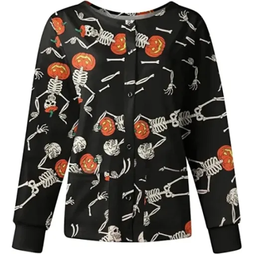 Dancing Skeletons And Pumpkins Halloween Scrub Jacket