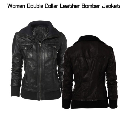 Double Collar Black Leather Bomber Jacket Women