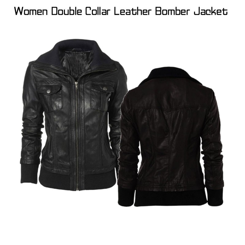 Double Collar Black Leather Bomber Jacket Women Double Collar Black Leather Bomber Jacket Women
