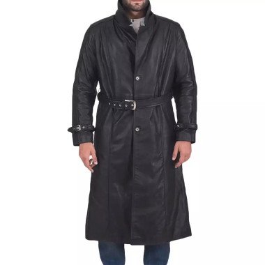 Mens Army Black Leather Duster Coat - Films Jackets