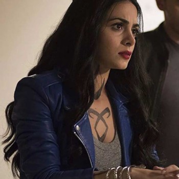 Emeraude Toubia Shadowhunters Biker Blue Leather Jacket