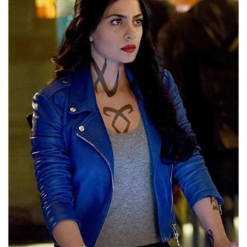 Emeraude Toubia Shadowhunters Biker Blue Leather Jacket