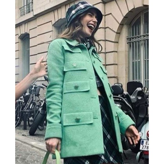 Emily in Paris Lily Collins Sea Green Wool Coat