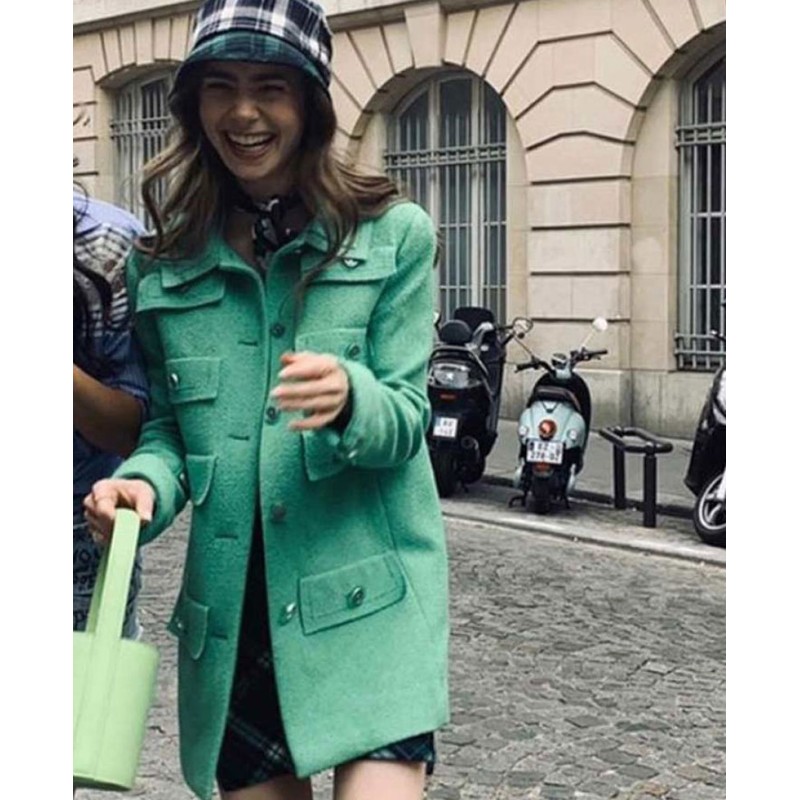 Emily in Paris Lily Collins Sea Green Wool Coat Emily in Paris Lily Collins Sea Green Wool Coat