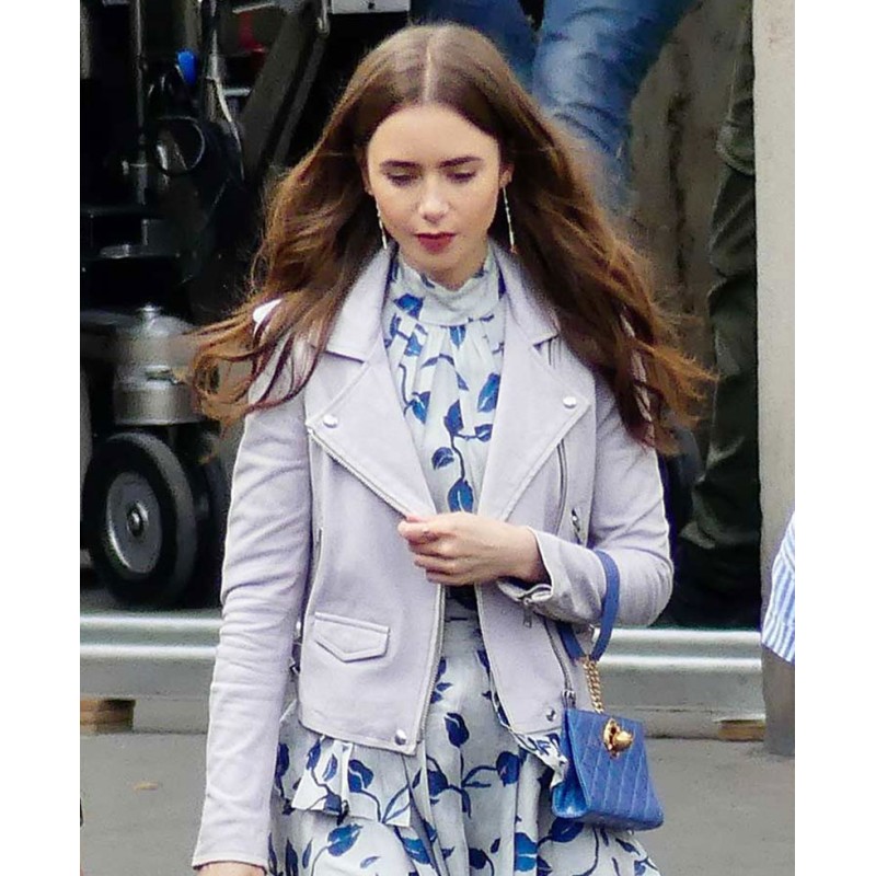 Lily Collins Emily in Paris White Leather Jacket Lily Collins Emily in Paris White Leather Jacket