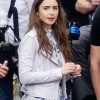 Lily Collins Emily in Paris White Leather Jacket Lily Collins Emily in Paris White Leather Jacket