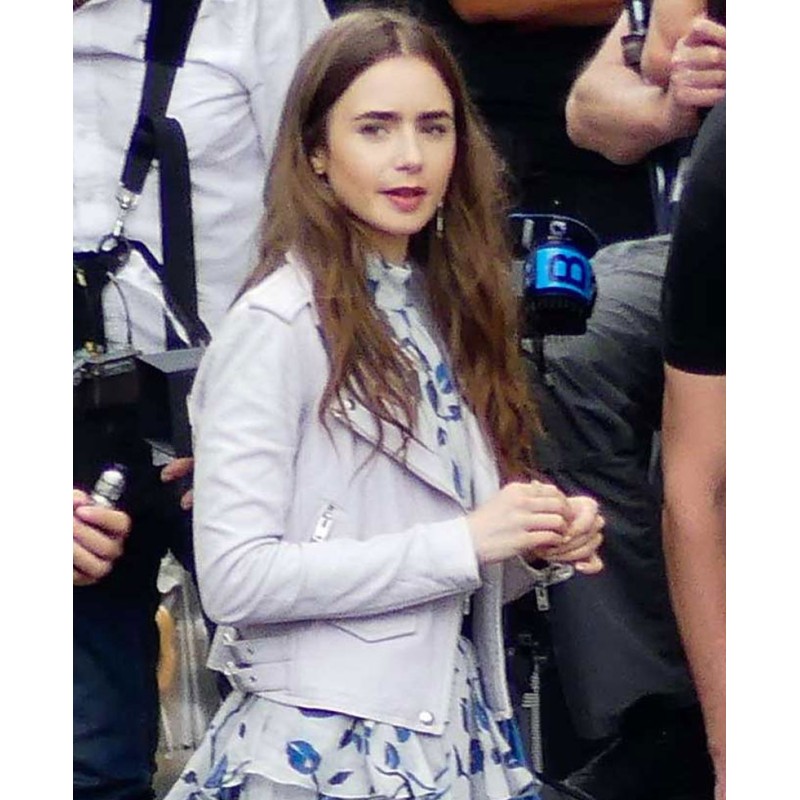 Lily Collins Emily in Paris White Leather Jacket Lily Collins Emily in Paris White Leather Jacket