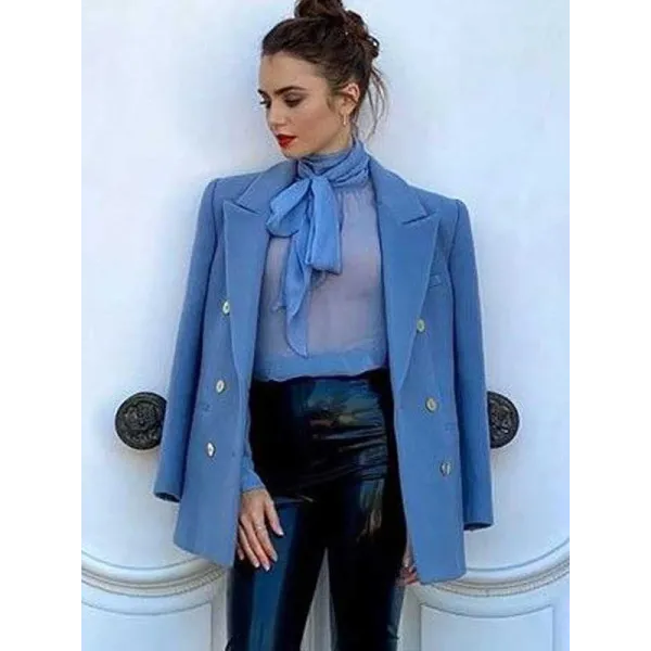 Emily In Paris S2 Lily Collins Blue Peacoat Emily In Paris S2 Lily Collins Blue Peacoat