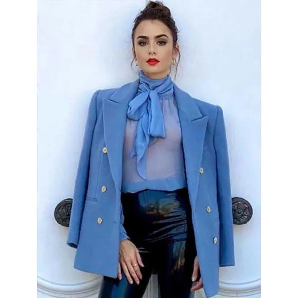 Emily In Paris S2 Lily Collins Blue Peacoat Emily In Paris S2 Lily Collins Blue Peacoat