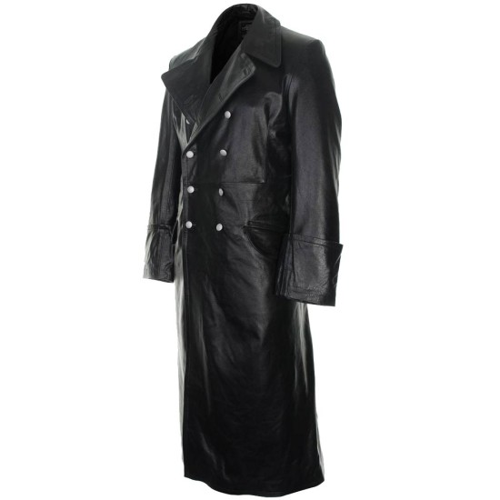 Men's German Officer SS Double Breasted Black Leather Coat