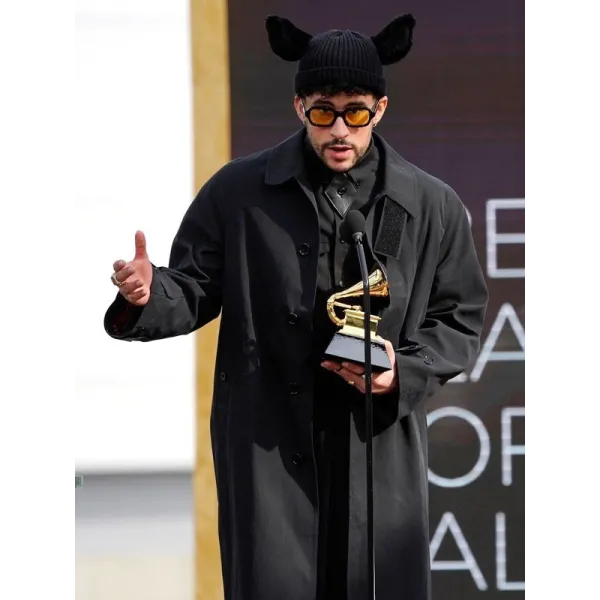 Grammy Awards Bad Bunny Black Trench Coat Grammy Awards Bad Bunny Black Trench Coat