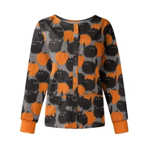 Halloween Scrub Black Cats And Pumpkin Jacket Halloween Scrub Black Cats And Pumpkin Jacket