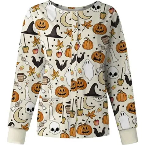 Halloween Scrub Cream Moon And Skull Ghost Jacket
