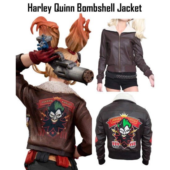 Women's Comic Wild Joker Leather Bombshell Harley Quinn Brown Jacket