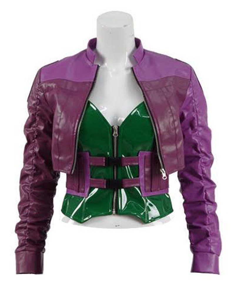 purple and black leather jacket