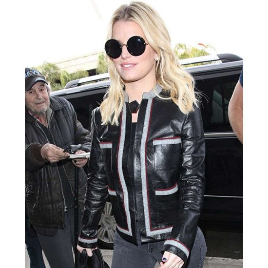 Jessica Simpson Striped Design Black Leather Jacket