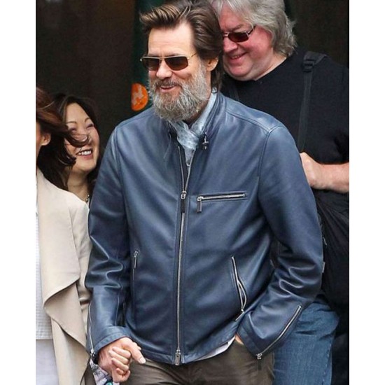 Jim Carrey Zipper Design Blue Leather Jacket