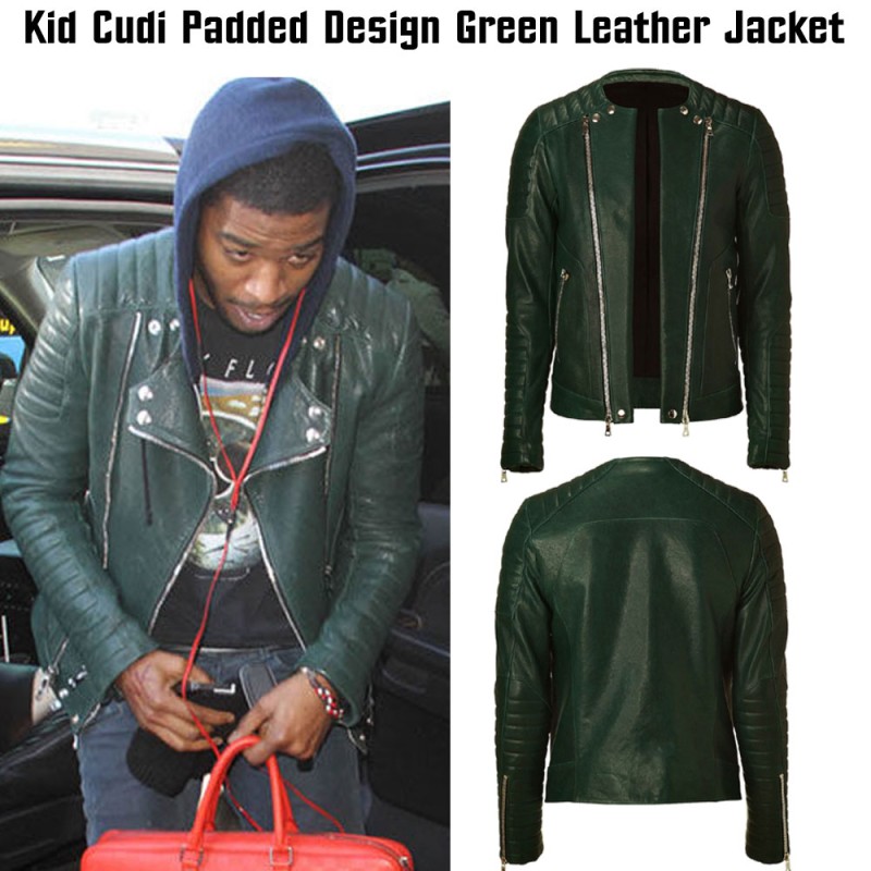 Kid Cudi Collarless Green Leather Jacket Kid Cudi Collarless Green Leather Jacket