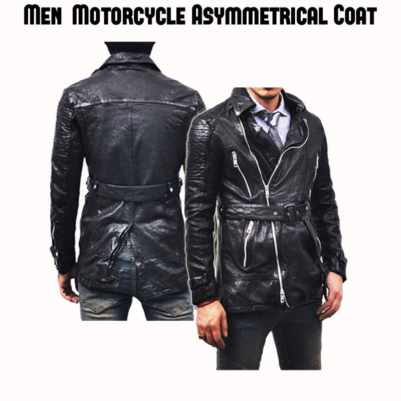 Men' Motorcycle Mid Length Belted Leather Coat Men' Motorcycle Mid Length Belted Leather Coat