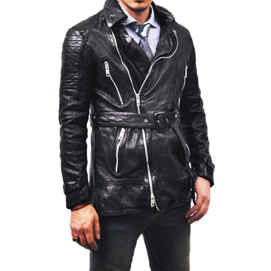 Men' Motorcycle Mid Length Belted Leather Coat