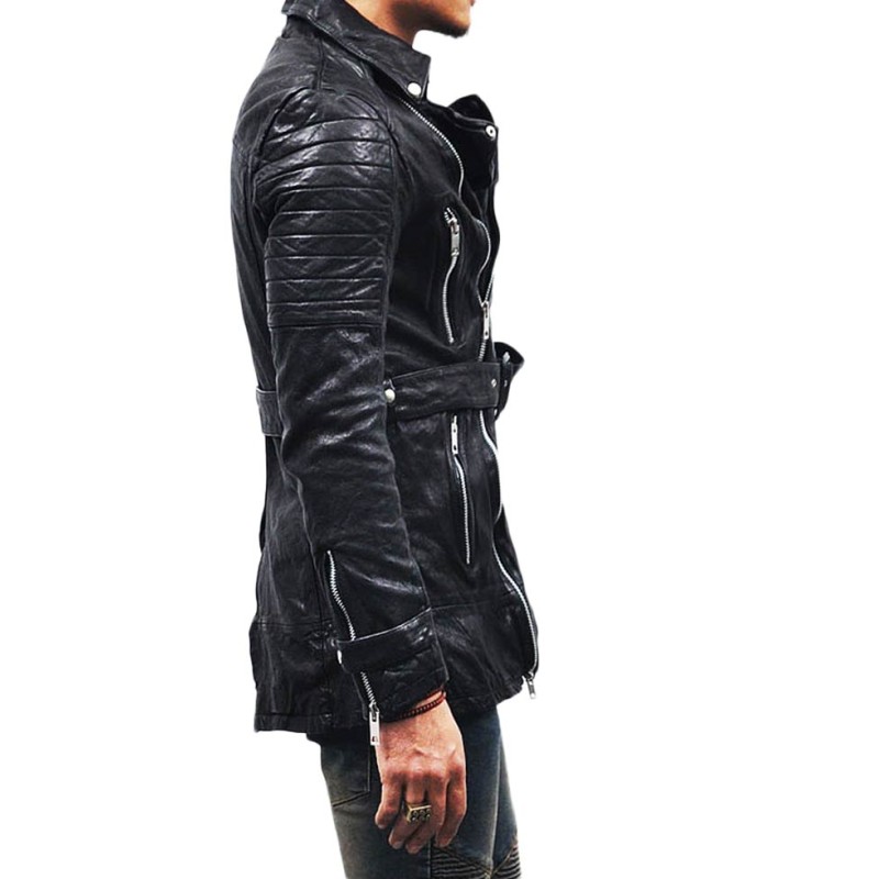 Men' Motorcycle Mid Length Belted Leather Coat Men' Motorcycle Mid Length Belted Leather Coat
