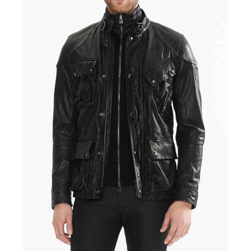 Men's Belted Collar 4 Pockets Leather Jacket Men's Belted Collar 4 Pockets Leather Jacket
