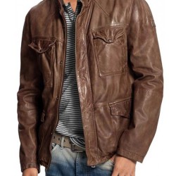 Men's Vintage Four Pockets Distressed Brown Leather Jacket