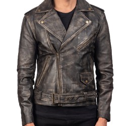 Men's Aged Asymmetrical Distressed Brown Leather Jacket