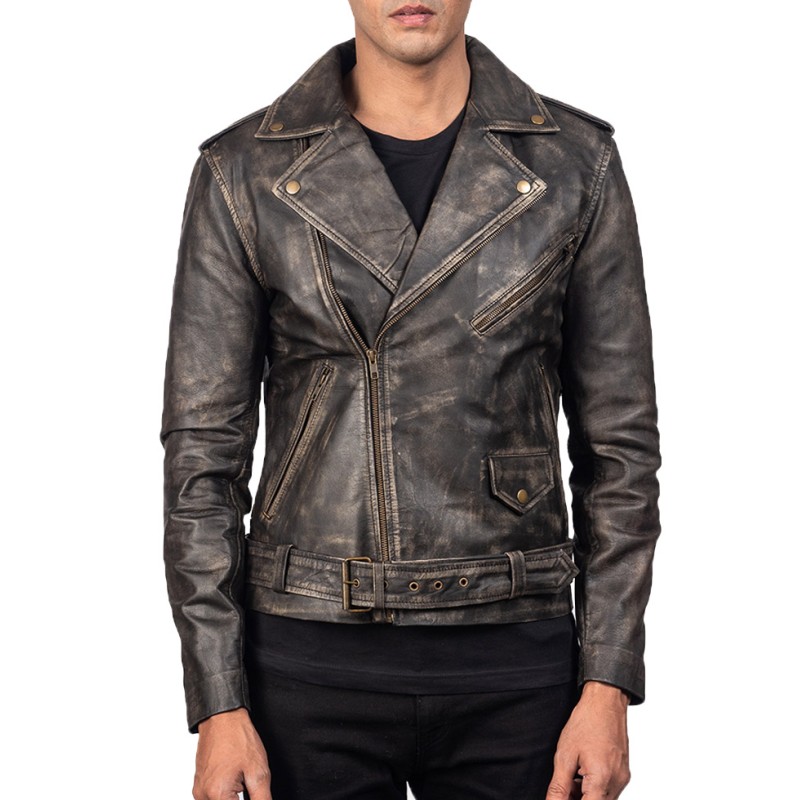Men's Aged Asymmetrical Distressed Brown Leather Jacket