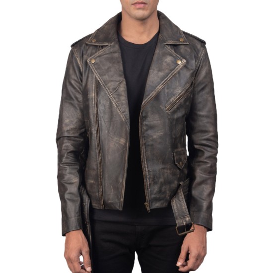Men's Aged Asymmetrical Distressed Brown Leather Jacket