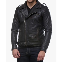 Men's Belted Asymmetrical Black Leather Biker Jacket