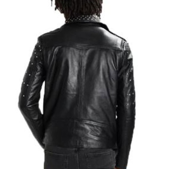 Men's FJM594 Studded Asymmetrical Belted Black Leather Jacket