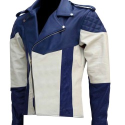 Men's Asymmetrical Biker Blue and White Leather Jacket