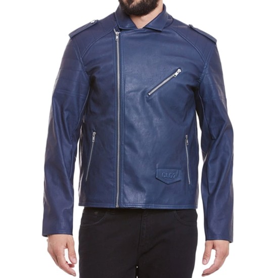 Men's Navy Blue Asymmetrical Leather Jacket
