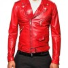 Men's Belted Asymmetrical Zipper Red Leather Motorcycle Jacket Men's Belted Asymmetrical Zipper Red Leather Motorcycle Jacket
