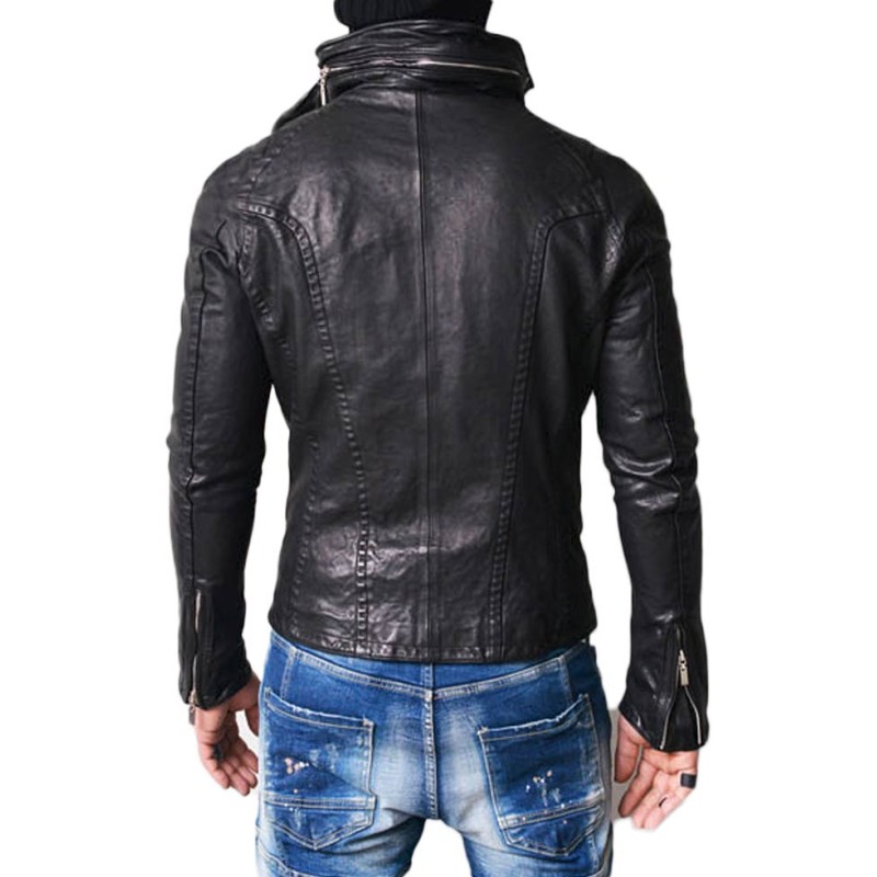 Men's High Neck Wired Asymmetrical Lambskin Leather Jacket Men's High Neck Wired Asymmetrical Lambskin Leather Jacket