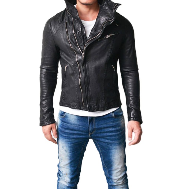 Men's High Neck Wired Asymmetrical Lambskin Leather Jacket Men's High Neck Wired Asymmetrical Lambskin Leather Jacket