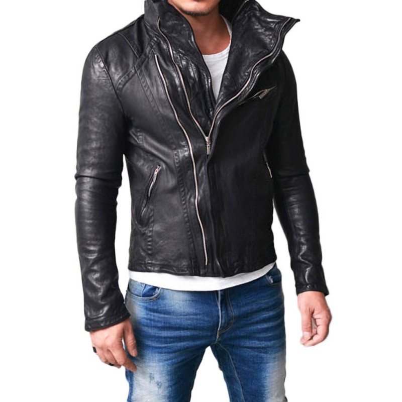 Men's High Neck Wired Asymmetrical Lambskin Leather Jacket Men's High Neck Wired Asymmetrical Lambskin Leather Jacket