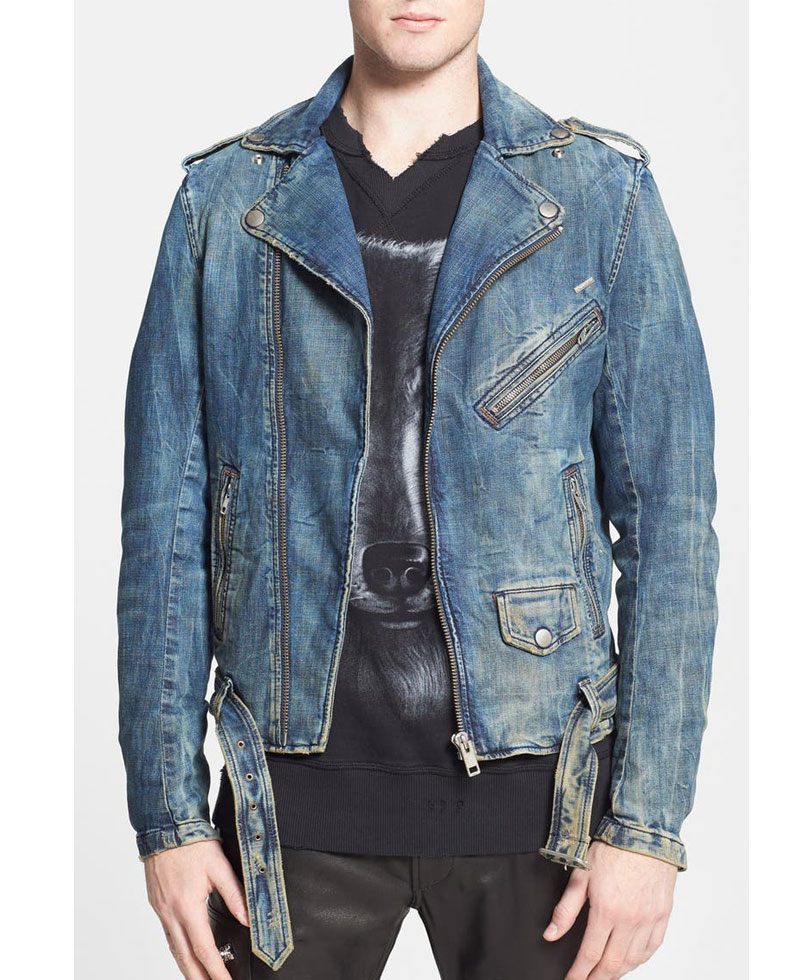Men s Asymmetrical Zipper Blue Jean Motorcycle Jacket